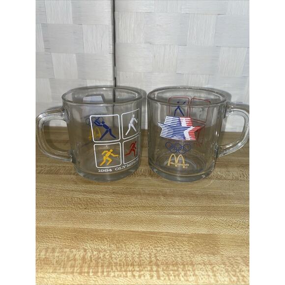 Set of 2 Vintage McDonalds 1984 Los Angeles Olympics Glass Mugs Weights Horse - Picture 2 of 6